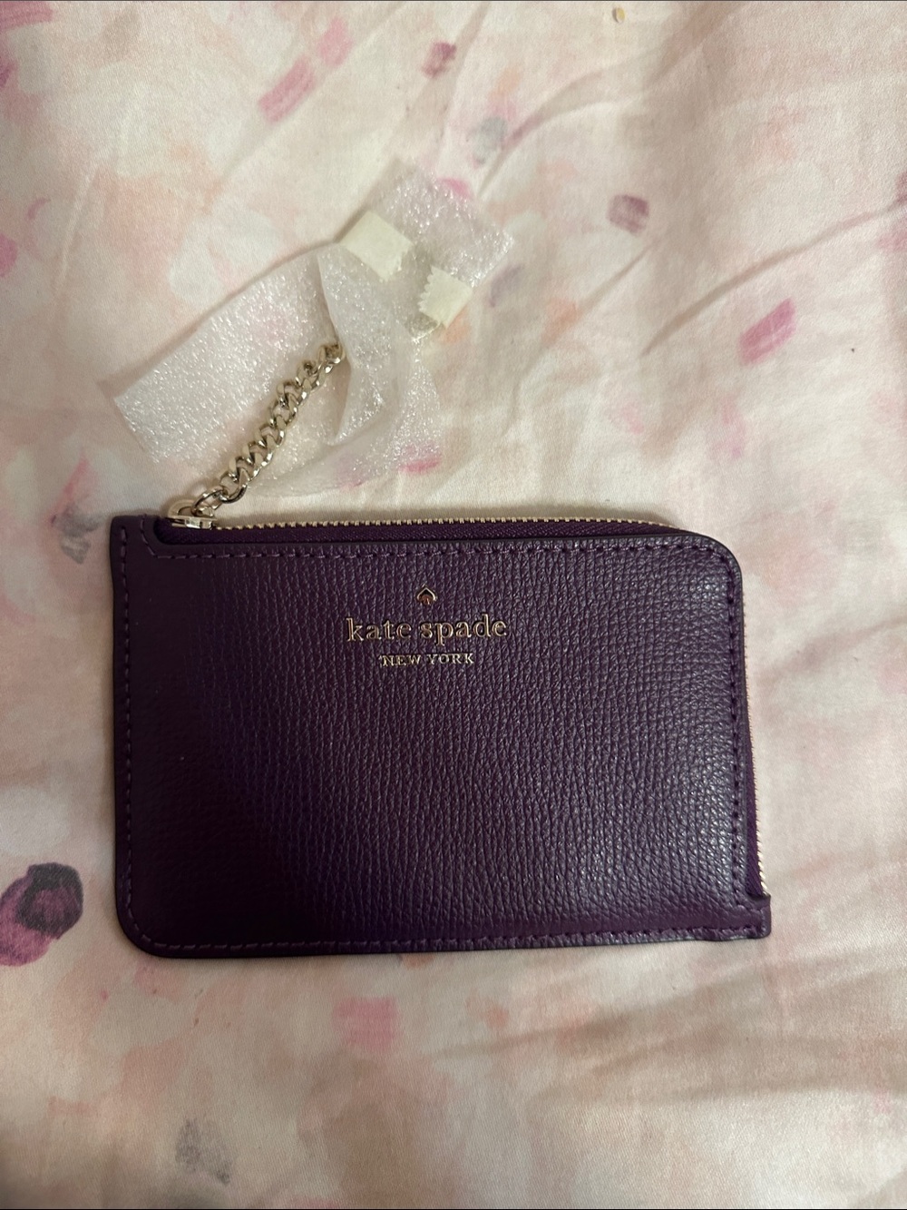 kate spade Plum Purple Leather Zip Card Case with Gold Chain